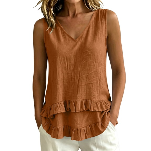 GUACER Tank Tops for Women Ruffle Hem V-Neck Sleeveless Linen-Blend Blouse with Tiered Frill Casual Flowy Summer Cami