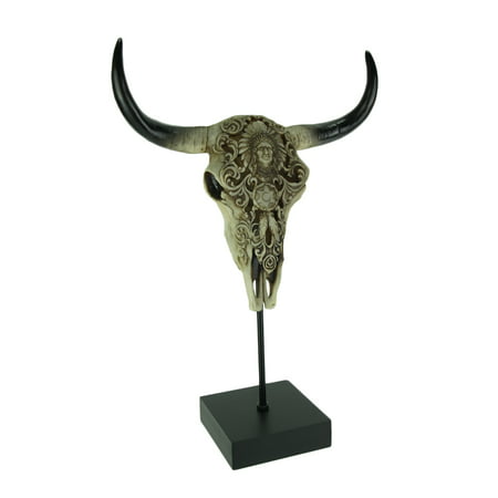 Indian Head Floral Scroll Carved Bull Skull Statue On Museum Mount