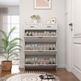 thumbnail image 2 of Tcbosik Narrow Shoe Cabinet, Hidden Shoe Rack with 2 Storage Drawers & 3 Flip Doors, Floor Shoe Organizer for Hallway, White, 2 of 6
