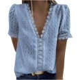 thumbnail image 3 of XVREFD Camisetas de encaje con cuello en V de manga corta para mujer, blusas elegantes tipo túnica, blusas holgadas de verano informales de encaje de algodón Jacquard, 3 of 5