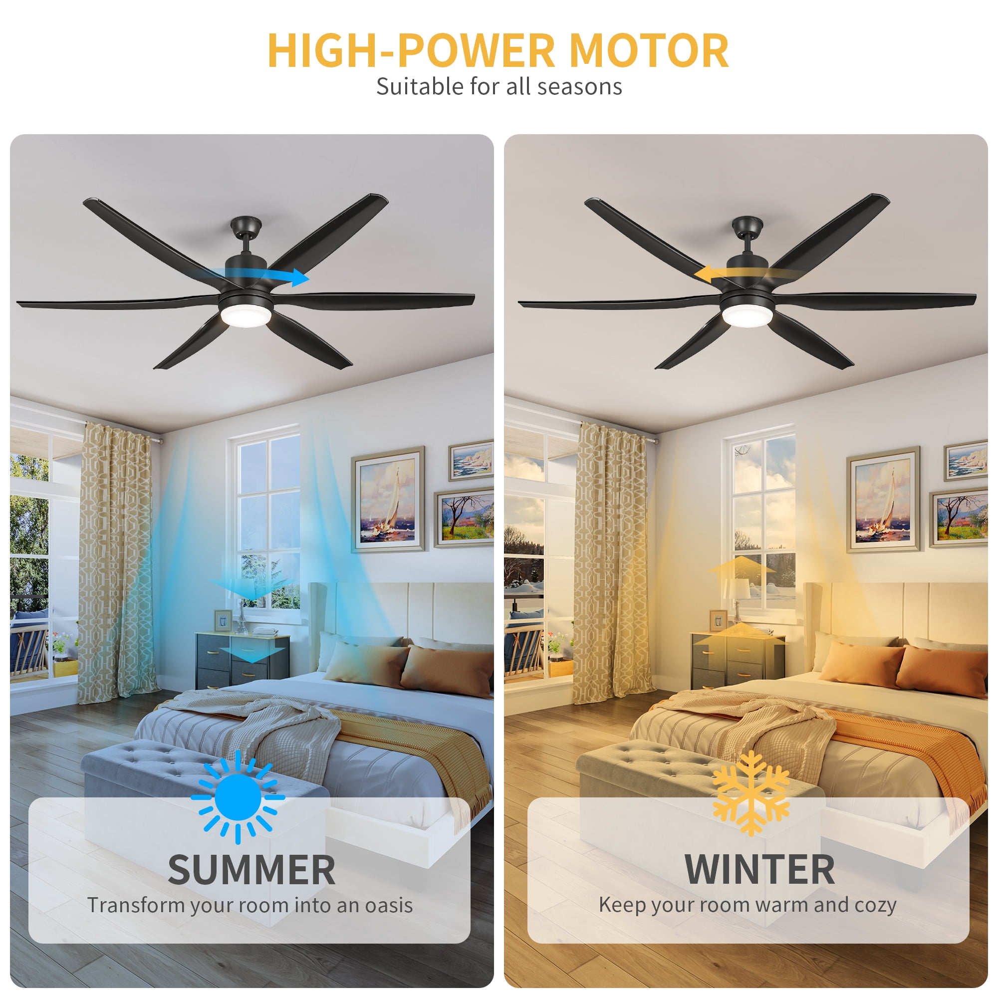 Dextrus Modern 66" 6-Blade Ceiling Fan with LED Light, 6-Speed Reversible Outdoor Ceiling Fan for Patio, Quiet DC Motor, App & Remote Control (Black)