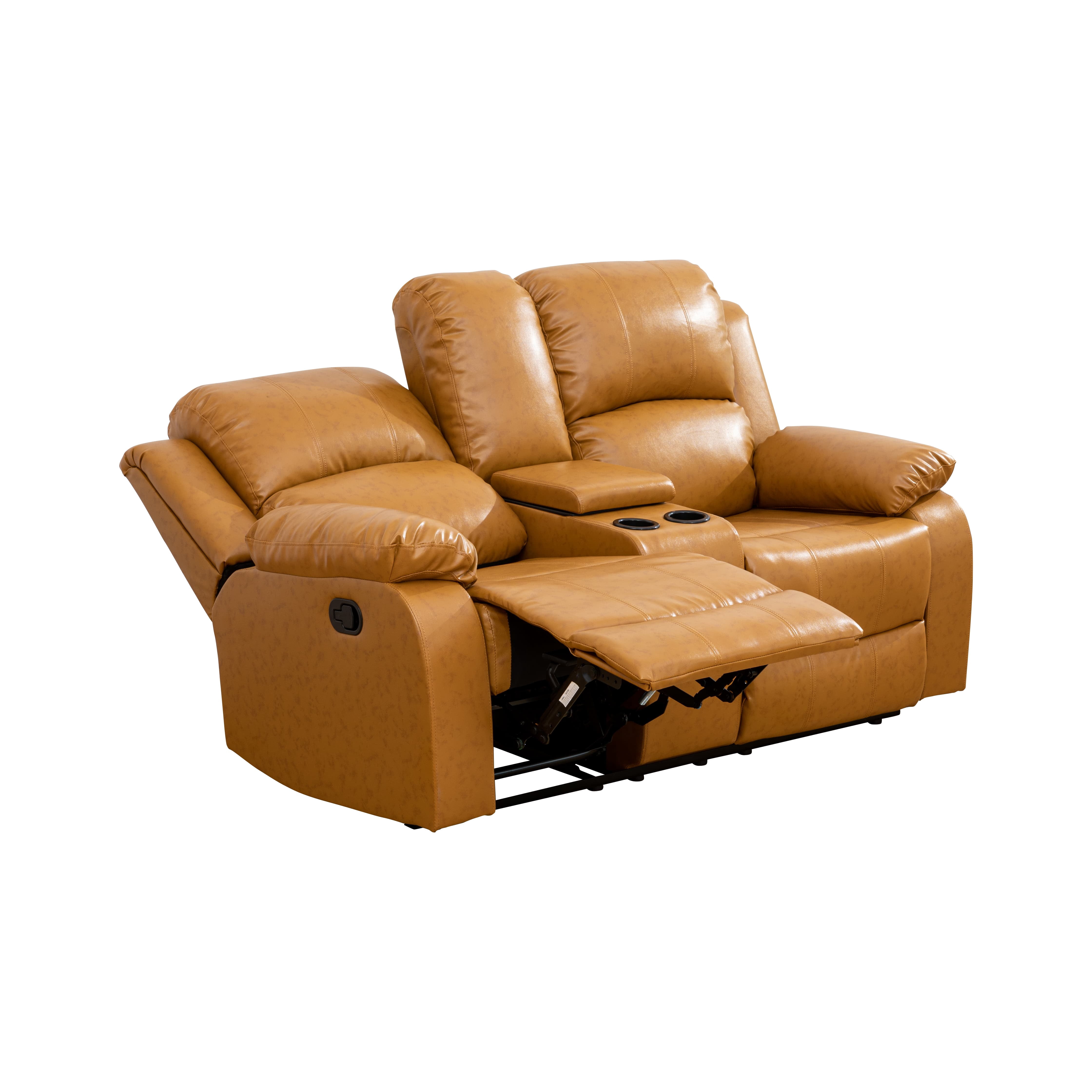 MAYEERTY Reclining Loveseat, 2-Seat Wear-Resistant Fabric Recliner with Storage & Cup Holders for Living Room, Ginger