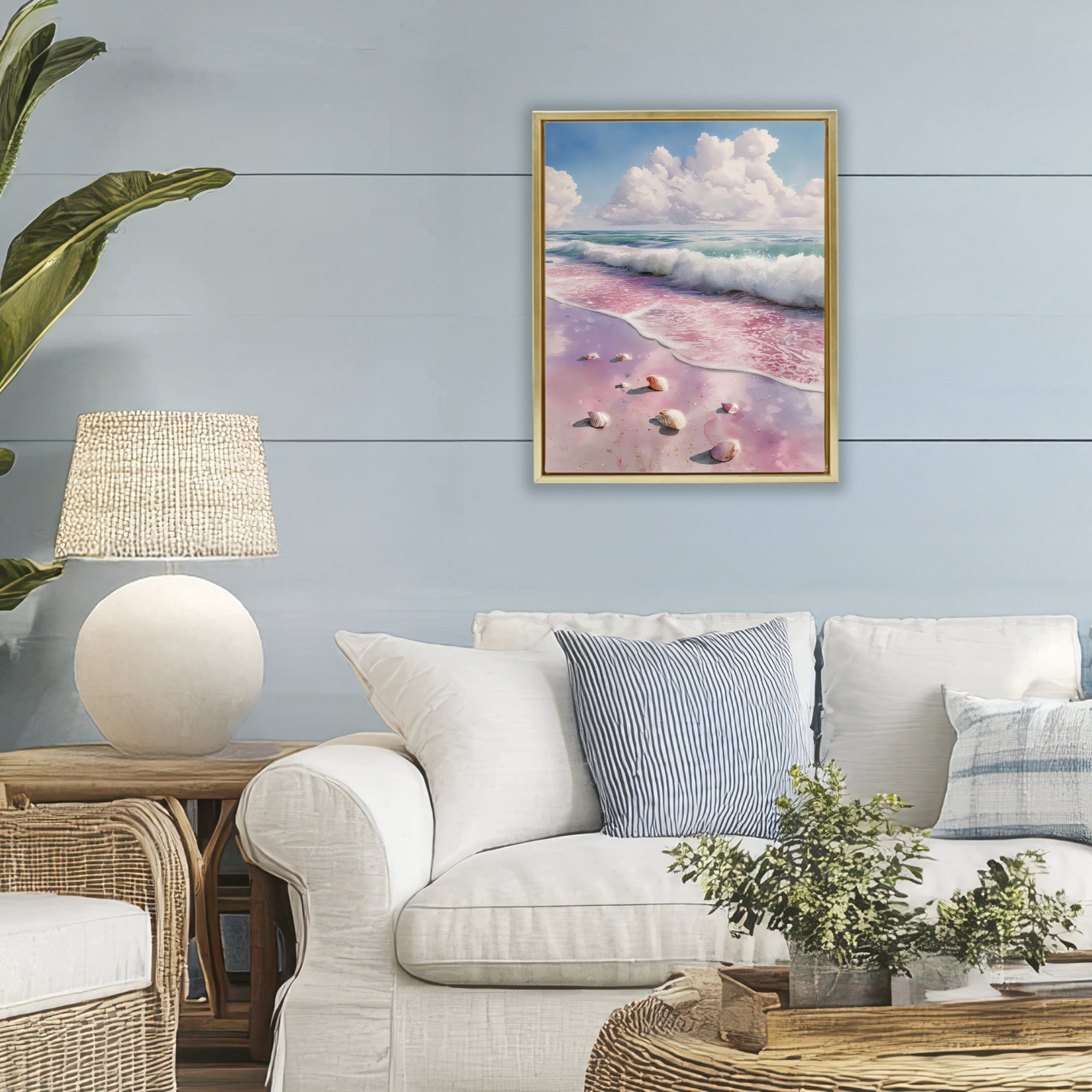 Stupell Industries Pink Sands with Scattered Shells Gold Framed Floater Canvas Wall Art, design by Franklyn Gregory
