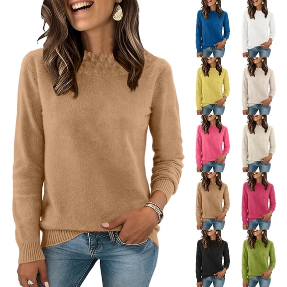 Crew Neck Sweater for Women Long Sleeve Soft Oversized Knitted Pullover Casual Cozy Winter Tops Camel XL
