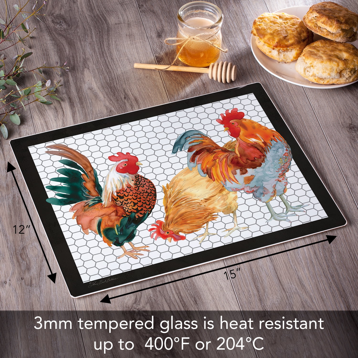 CounterArt Whimsical Roosters 3mm Tempered Glass Cutting Board 15" by 12"