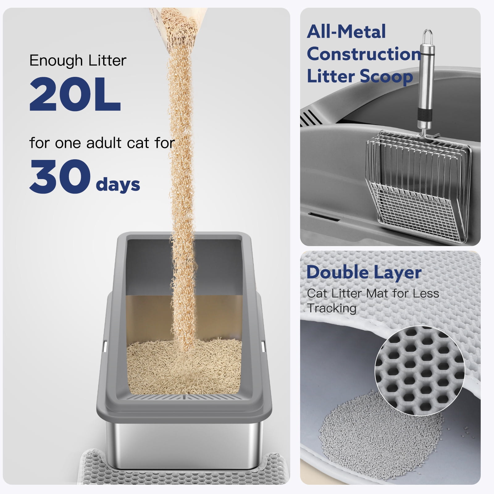 Extra Large Stainless Steel Cat Litter Box, XL Litter Boxes for Big Cats & Multiple Cats, Metal Litter Box with High Sides & Metal Scoop/Mat, Easy to Clean, Dark Gray
