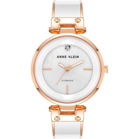 Anne Klein Rose Gold-Tone White Mother-of-Pearl Bangle Diamond Accent Ladies Watch