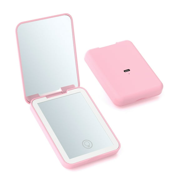 Rechargeable Pocket Mirror Double Sided 1X/2X Magnification Compact Vanity Mirror 3 Color Lights Dimmable Small Portable Wallet Mirror Lighted Travel Mirror for Women Gifts Pink