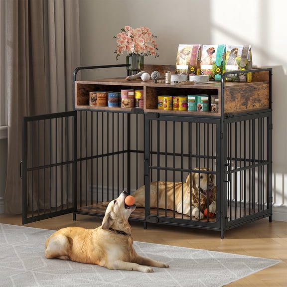 Casendy Large Dog Crate Furniture with Storage Shelf, Metal Frame Dog Kennel Indoor with 3 Doors, Easy Assembly, 40"L x 23" W x 31" H, Rustic Grey