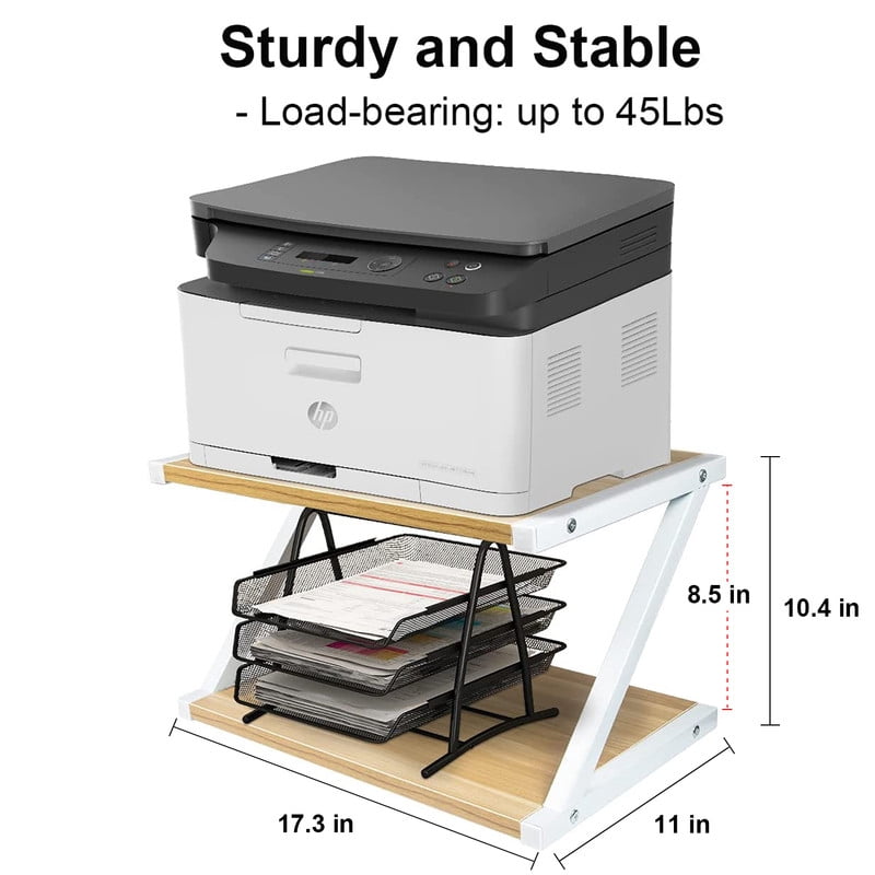 Heavy Duty 2 Tier Wood Desktop Printer Stand, Under Desk Organizer Table with Storage Shelves for Fax Machine Scanner, Home Office Equipment Rack with Adjustable Anti-Skid Feet