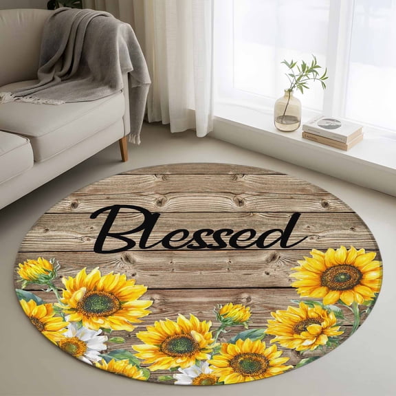 Yellow Sunflowers Round Rug 3ft Washable Circle Entryway Rugs Non Slip Vintage Country Wood Grain Oil Painting Area Rug Indoor Floor Carpet for Bedroom Kitchen Living Room Office Dining Room Nursery