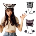 thumbnail image 2 of COMEET Knit Hat, Knitted Devil Hat for Students Adult Windproof Foldable Stripe Pattern Hat Handmade Cat Ear Shape Keep Warm Cycling Hat, 2 of 21