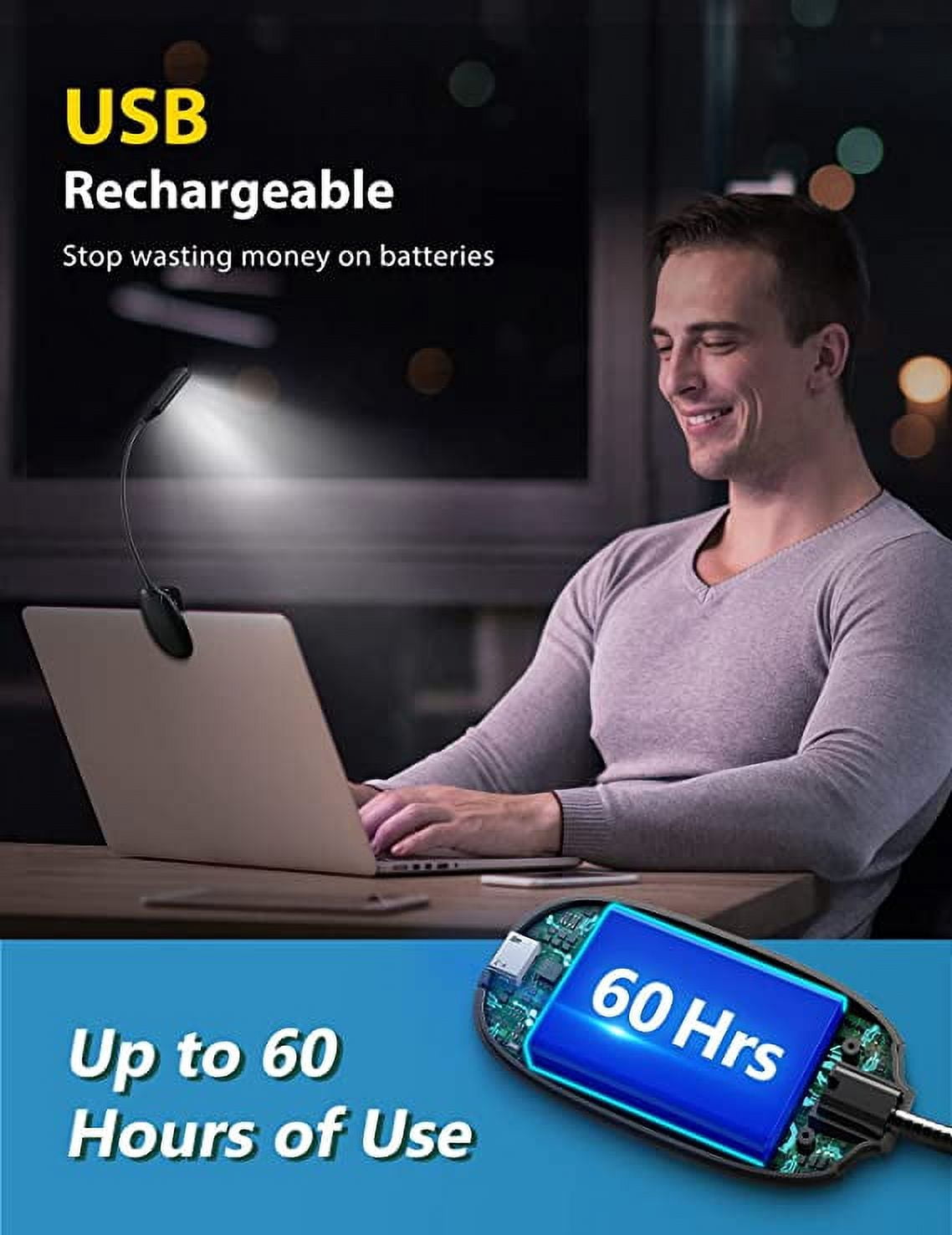 Topelek USB Rechargeable Book Light, 3 Color Temperatures, 60 Hours Battery Life