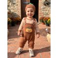thumbnail image 4 of RUINIXCW Baby Boy Halloween Outfit Striped Crew Neck Long Sleeve Romper Pumpkin/Ghost Embroidery Overalls and Hat 3 Pcs Set, 4 of 9