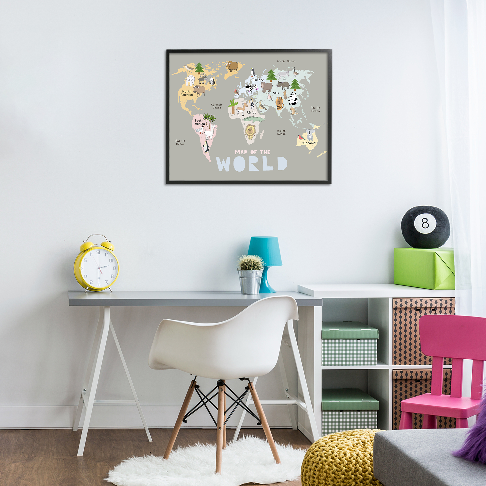 Kid's Map Of World Grey Black Framed Giclee Art, design by Carla Daly