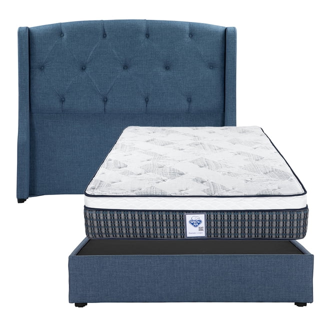 Colchón Matrimonial Cardona Spring Air + Box Base Cama + Cabecera Zefyr Azul Denim
