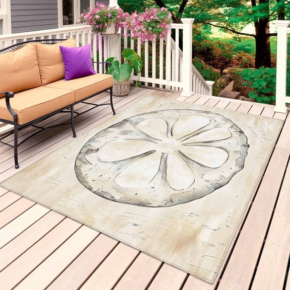 Sand Dollar Coastal Outdoor Rug 3x5 Ft, Non Slip Washable Area Rug, Summer Beach Beige Sea Patio Rugs Carpet Runner, Large Floor Mat for Indoor/Outdoor Deck Porch Camping