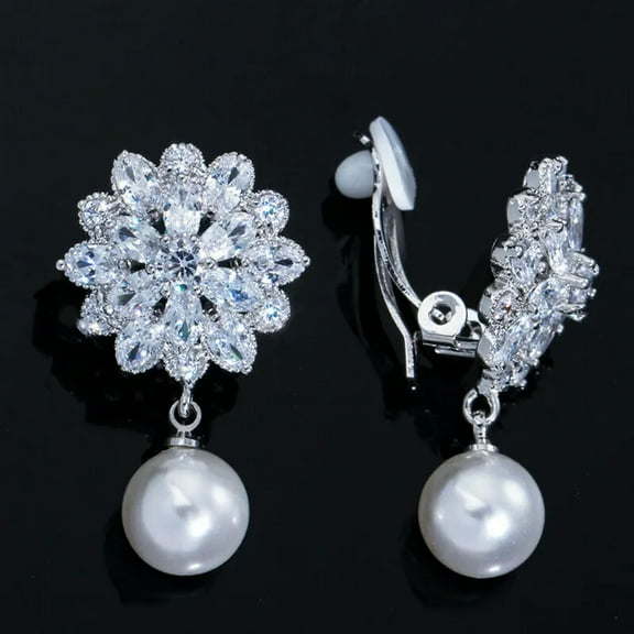 CZ Crystal Pearl Flower Non Pierced Clip on Drop Earrings for Women