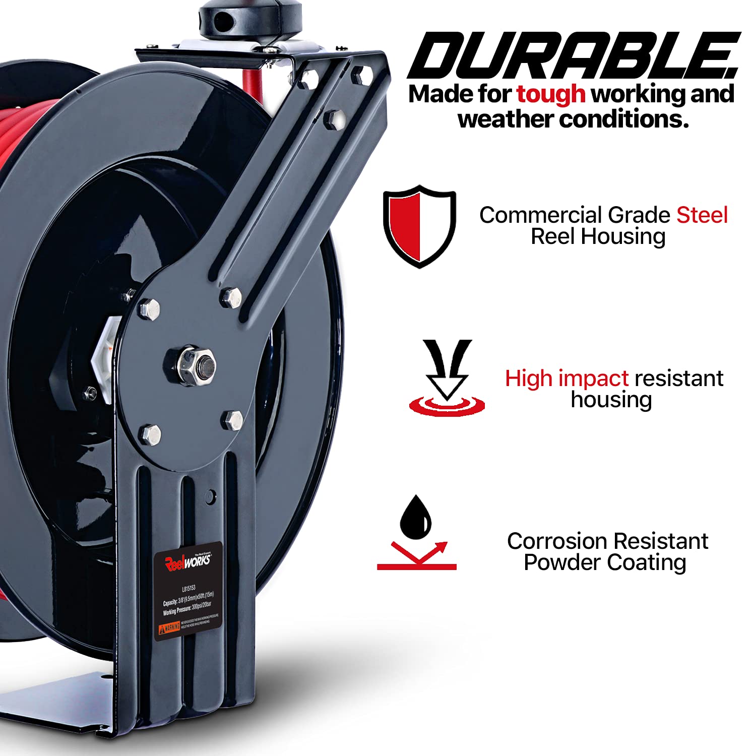 ReelWorks Industrial Retractable Air Hose Reel - 3/8" x  50'FT, 1/4" MNPT