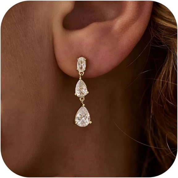 DESIGNICE Dangle Earrings for Women,Elegant Wedding Earrings 14K Gold Plated Long Cubic Zirconia Drop Earrings for Women Trendy Dainty Bridal Earrings Cute Dangly Jewelry