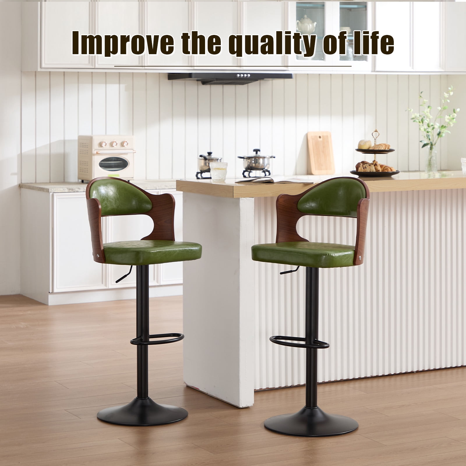 Homefun Swivel Bar Stools Set of 2,Wooden Upholstered Scratch-Resistant Fabric with Back,Chairs for Kitchen Island,Green