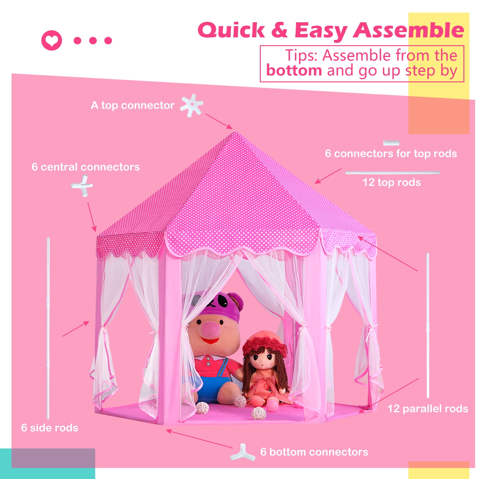 PigPigPen Princess Castle Kids Tent for 3-12 Years Girls Toddlers Playhouse Indoor Outdoor Toys with Star Lights