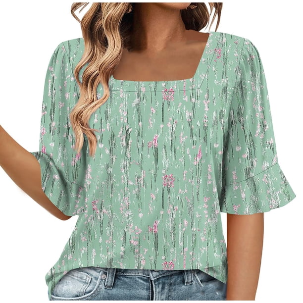 Blusas de Manga Corta para las Mujeres, Moda Verano Impreso, Blusas de Cuello Redondo, Chaqueta de Manga Corta para las Mujeres