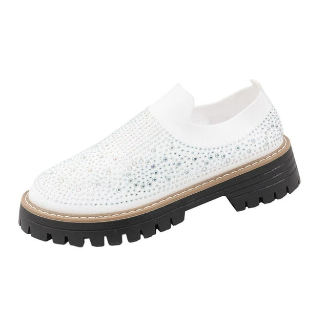 WLOELOEW Casual Mid Heel Shoes For Women Solid Color Round Toe Breathable Rhinestone Embellished Mesh Upper Size 6.5 Us Foot Length 9.45 Inches Comfortable Wear