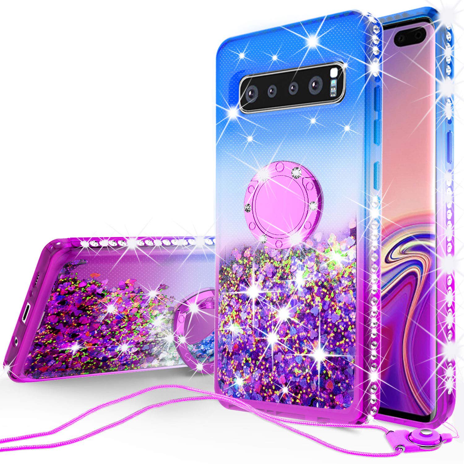 Samsung Galaxy S10 Plus Case,Ring Kickstand Glitter Liquid Quicksand Waterfall Floating Sparkle Shiny Bling Diamond Girls Cute Shock Proof Phone Case Cover - Purple/Blue