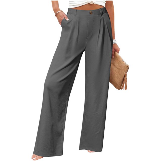 Karight Linen Dress Pants Women Wide Leg Business Casual Pants Loose High Waisted Palazzo Trousers with Pockets Beach Outfits