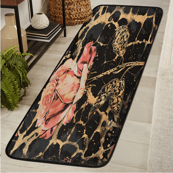 CURLYOOT Leopard Print Runner Rug 2'x6' Washable Kitchen Runner Rug Indoor Non Slip Laundry Rugs Rose Flower Floor Carpet for Hallway Kitchen Entryway Bedroom Living Room