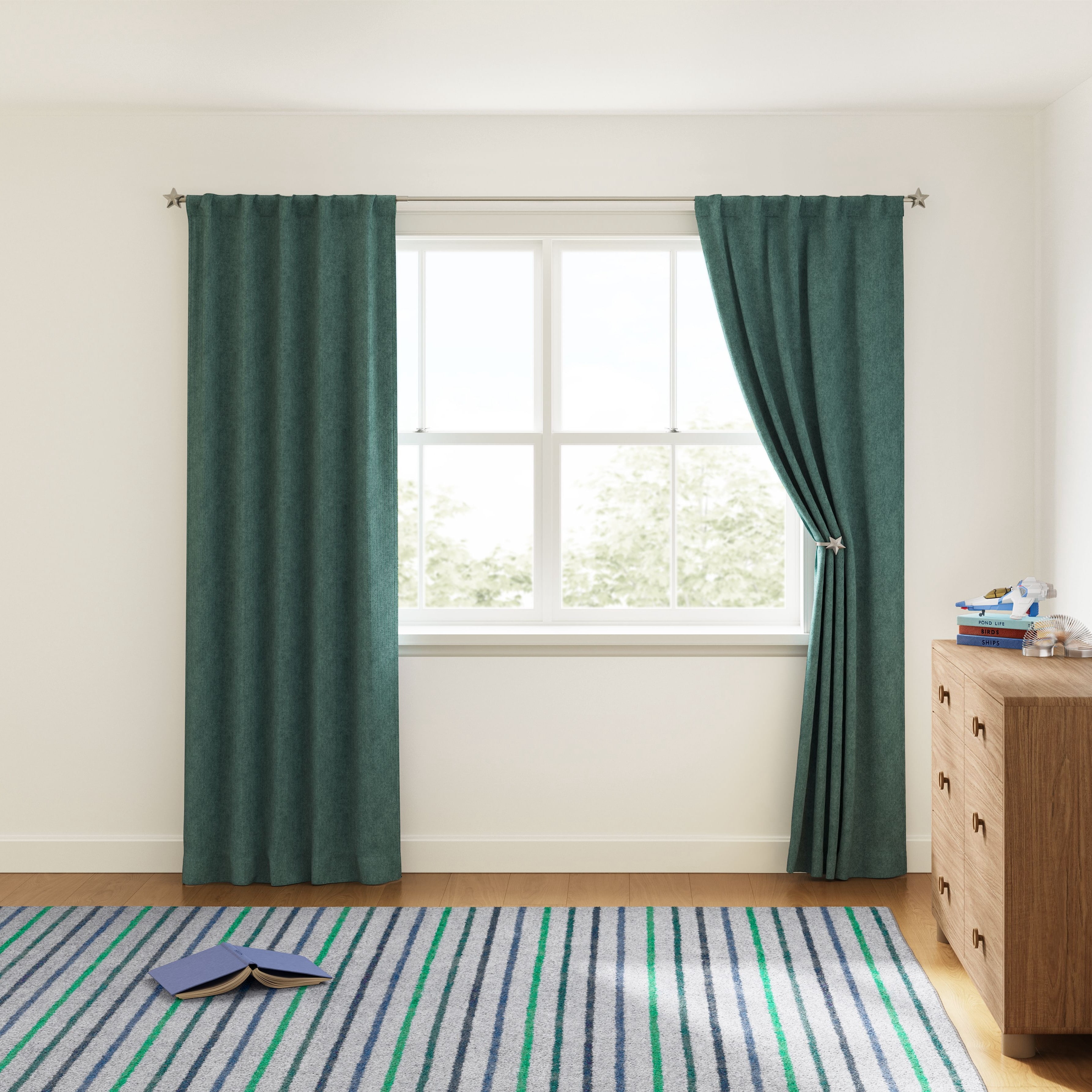 Mainstays Kids Blackout Ribbed Corduroy Curtain Panel, Dark Green, Rod Pocket with Back Tabs, 38 in x 95 in, 1 Panel