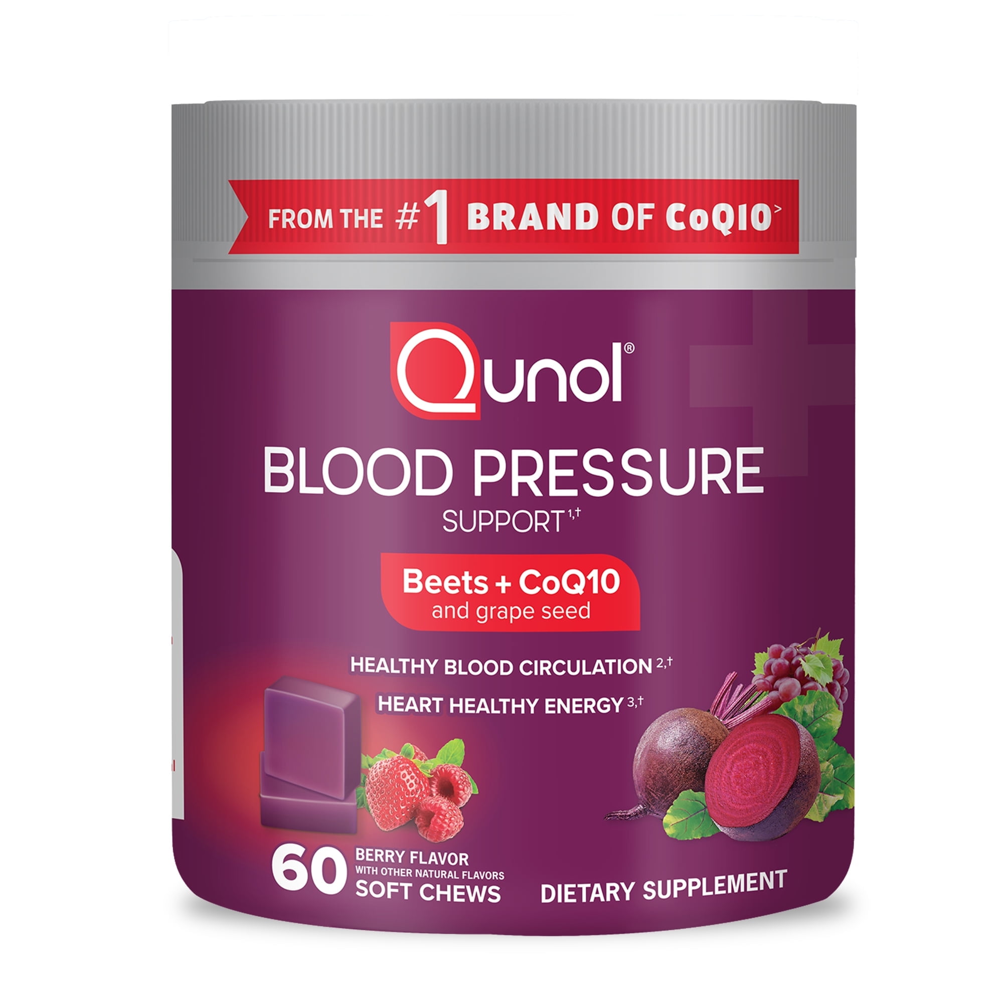 Qunol Blood Pressure Support Soft Chews, 680mg Beet + CoQ10 and Grape Seed, 60 Count