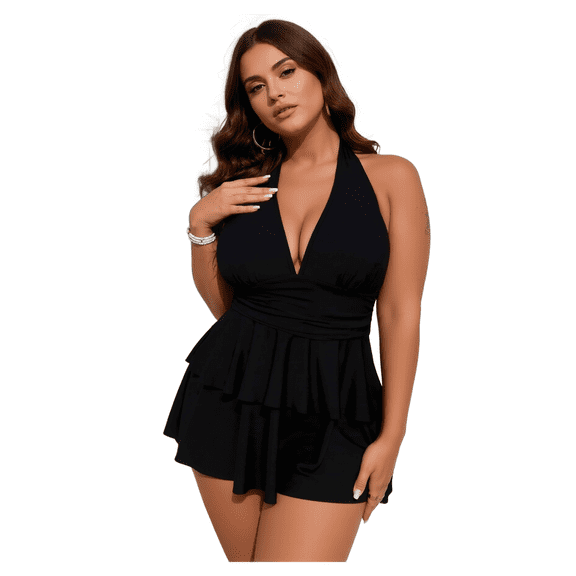 Women's Plus Size Sleeveless Halter Swim Dress Layered Ruffle Bathing Suit Swimwear