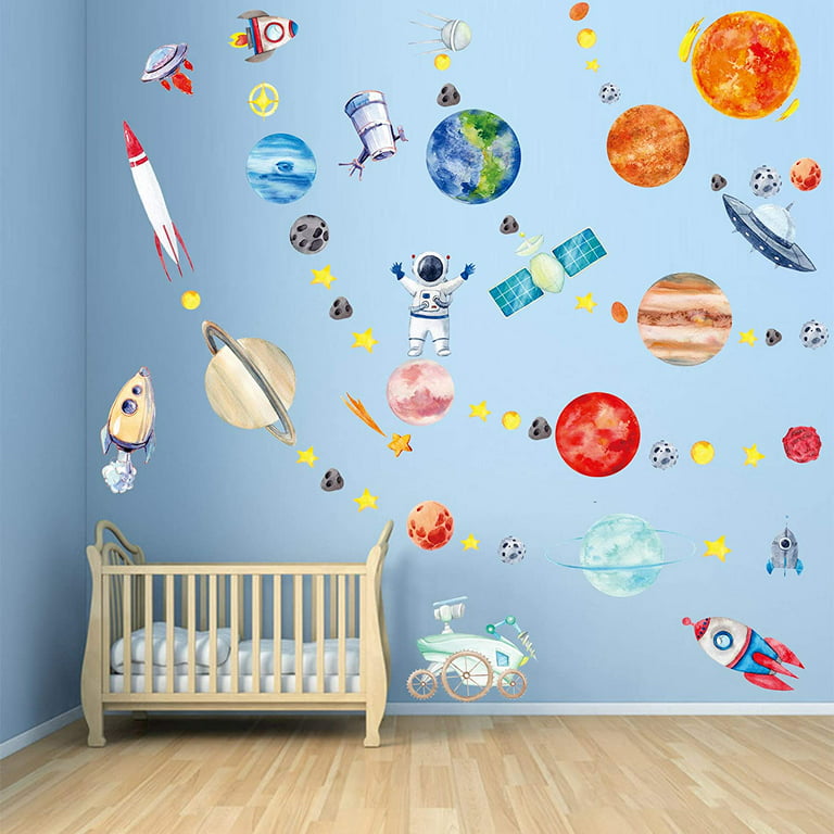 Glow in The Dark Stars and Planet Wall Stickers,Galaxy Astronaut Rocket Spacecraft Alien Decoration,Planet Wall Decals,Bright Solar System Wall