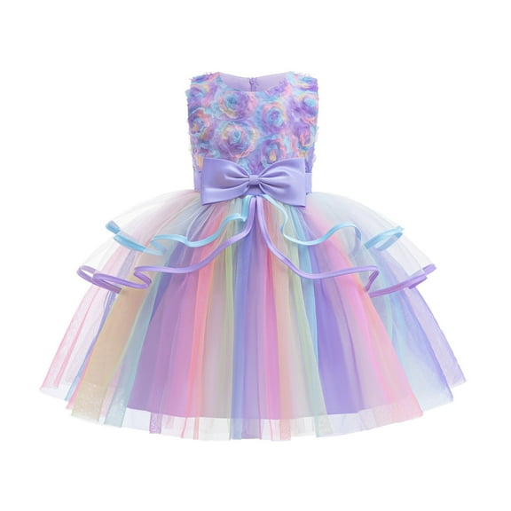 FINALGANG Girls Pastel Rainbow Tulle Dress Sleeveless Crewneck Floral Bodice Bow Waist Ribbon Trim Tutu Dress For Party Daily Wear Versatile Dress