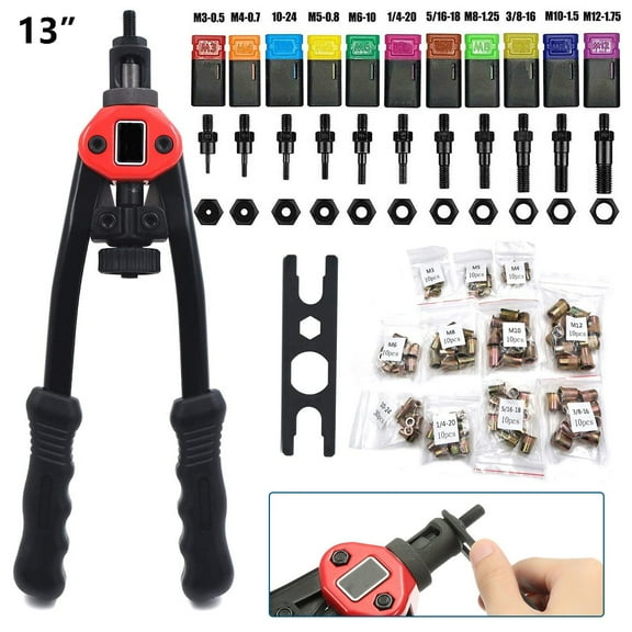 iMeshbean Rivet Nut Tool, 13" Hand Rivet Nut Tool with 11PCS Mandrel Metric M3 M4 M5 M6 M8 M10 M12; SAE 10-24, 1/4-20, 5/16-18, 3/8-16, Ergonomically Design, Rivet Nut Setter Kit
