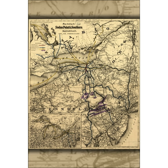 24"x36" Gallery Poster, Map Sodus Point & Southern Railroad 1872