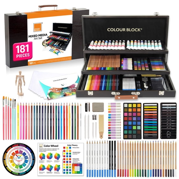 COLOUR BLOCK Ensemble d'Art en Techniques Mixtes 181 Pcs dans un Étui en Bois Exquis - Peintures Acryliques et Aquarelles, Croquis, Crayons de Couleur, Pastels Doux et à l'Huile