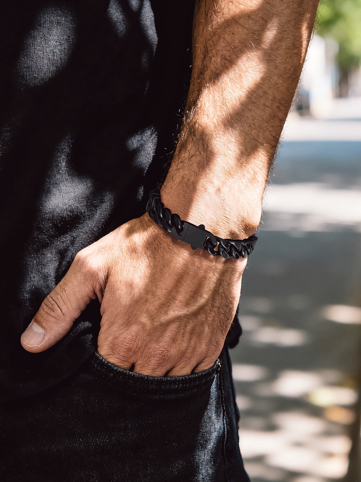 Bandmax 12MM Wide Black Cuban Chain Bracelet for Men Women Father's Day Gift for Son Dad Husband Stainless Steel Hip Hop Biker Wristlet Anklet Chain Jewelry
