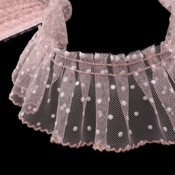 2.4 Inch 5Yd Polka Dot Ruffle Lace Trim, Single Layer Pleated Poly Lace Ribbon for Sewing Crafts Wedding Decor (Shellpink)
