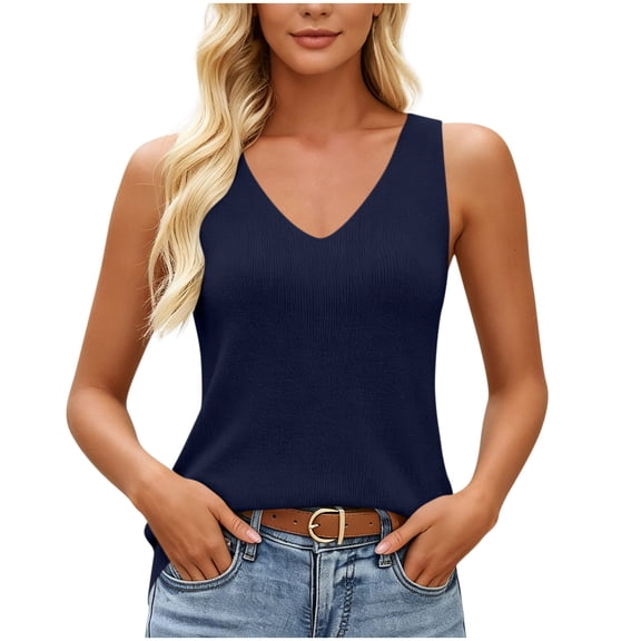TEAJOPSUU Womens Ribbed Knit Tank Top V Neck Sleeveless Slim Solid Color Blouse Casual Summer Layering Wear Navy