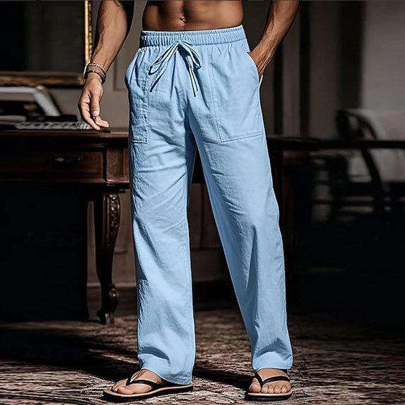 WIZUTIZ Men's Cotton Linen Blend Pants Elastic Waist Solid Color Relaxed Fit Casual Trousers With Pockets
