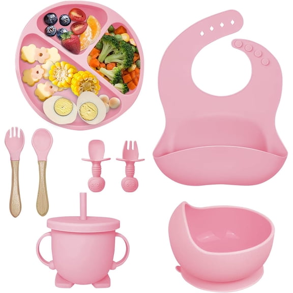Gahwa 8 Pack Silicone Baby Feeding Set, BPA Free Infant Led Weaning Supplies Includes Suction Plate, Suction Bowl, Adjustable Bibs, Cup with Straw, 2 Spoons, 2 Forks,Dishwasher & Microwave Safe(Pink)