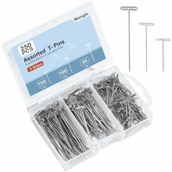 250Pcs T Pins, 1inch /1.5inch/ 2 inch T-Pins,Stainless Steel T Pin for Wigs, Blocking Wig Pin for Foam Head, Craft, Quilting and Blocking Knitting for Office Wall