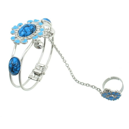 Bangle Silver Ring - Unique Bargains Unique Bargains Ladies Light Blue Beads Metal Chain Ring Bell Bangle Silver Tone