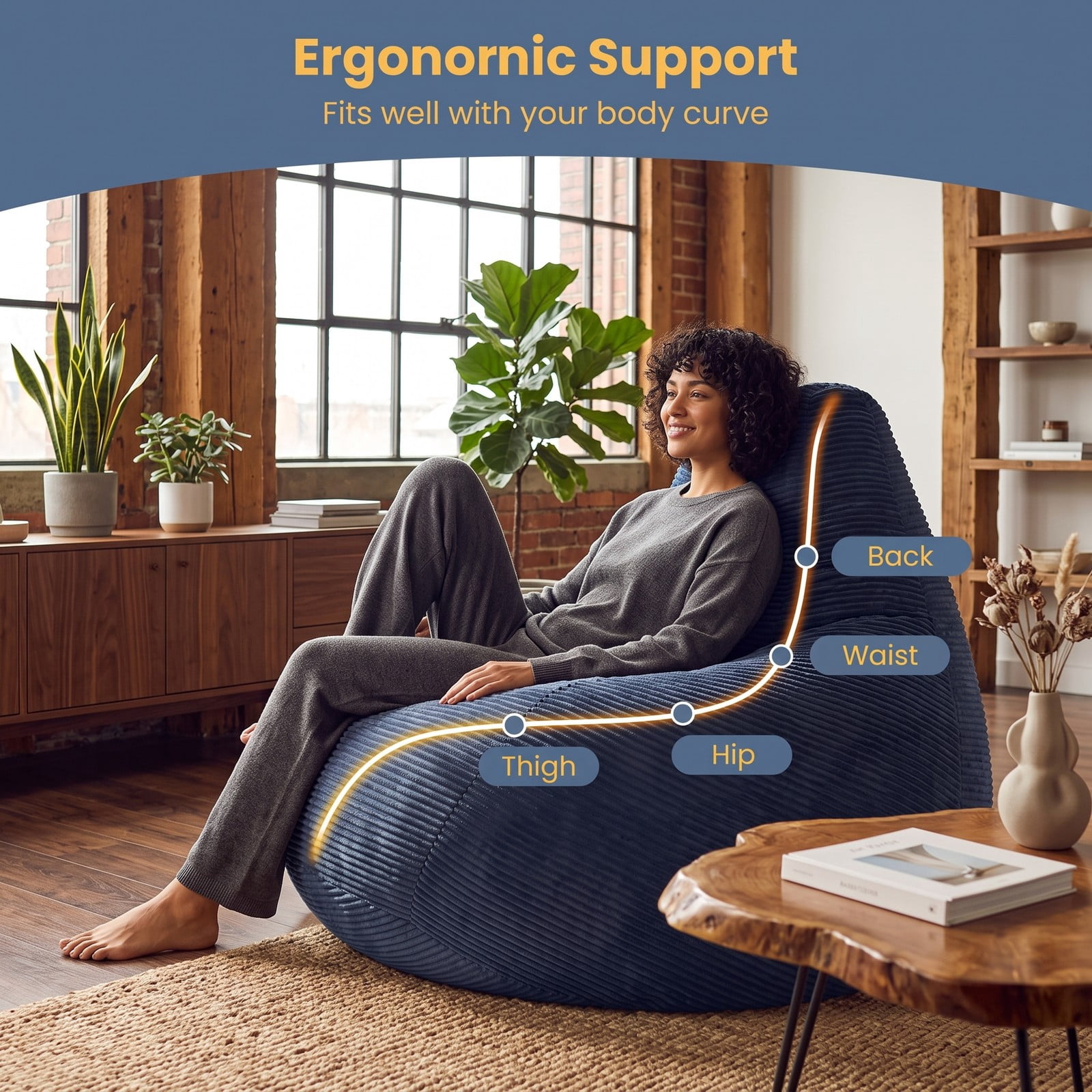 Furnibear Bean Bag Chair for Adults, Corduroy Lazy Lounger Accent Sofa with Soft Sponge Filling, Skin-Friendly Cover, Ergonomic Reading Gaming Seat for Living, Blue