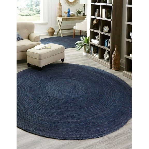 Blue Dye Natural Jute Hand Made Round Living Room, Dining Room, Kitchen Farm House Area Rug Carpet Doormat 2" Feet (24 inch)