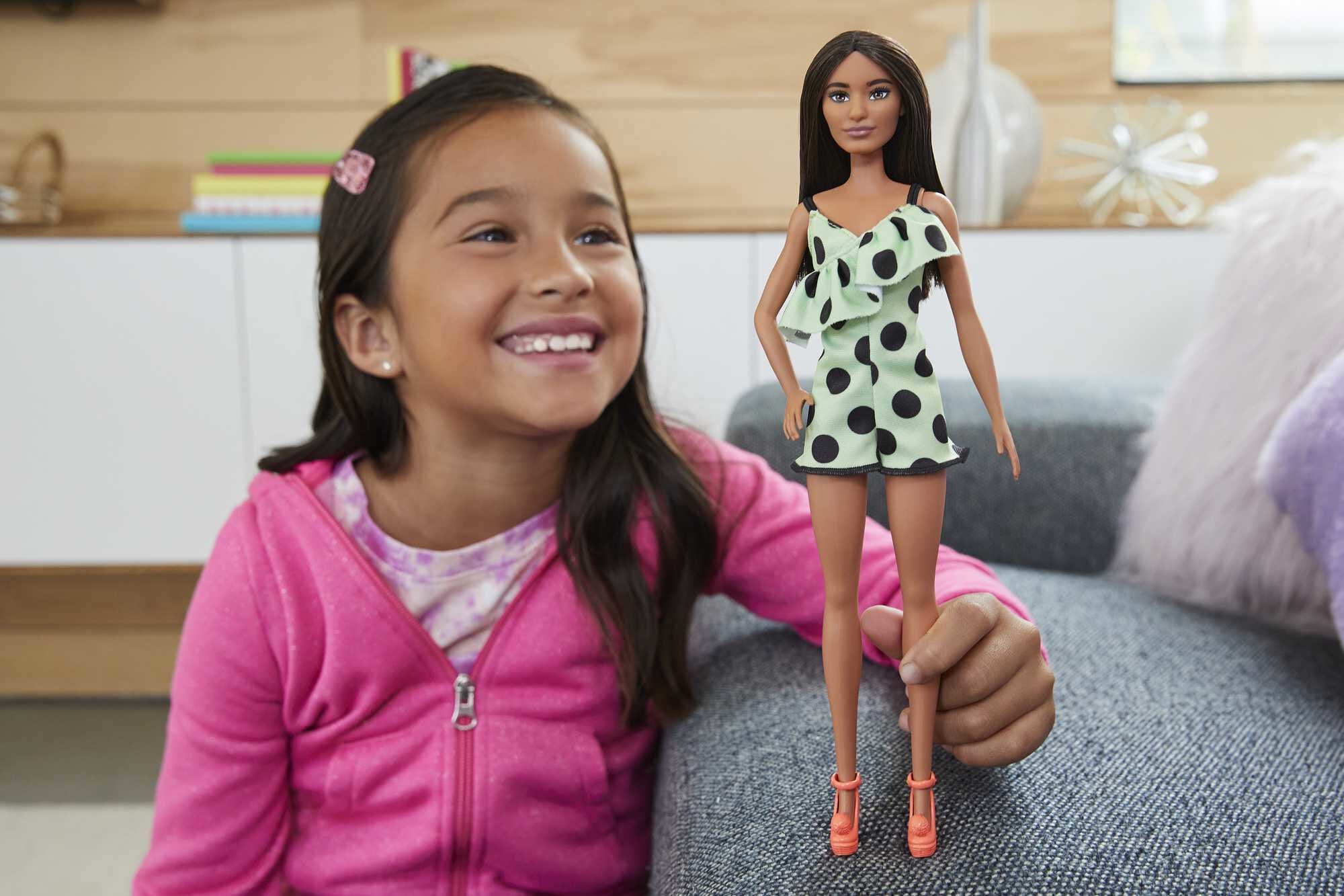 Barbie Fashionistas Doll #200 in Lime Green Polka Dot Romper with Brunette Hair & Accessories