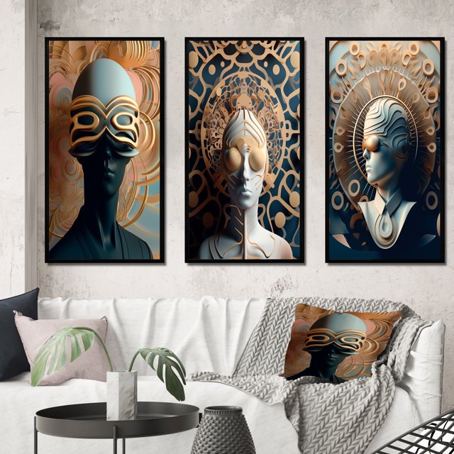 Designart "Futuristic Fashion Sci-Fi Woman Portrait II" Surrealism Framed Wall Art Set Of 3 - Blue Transitional Frame Canvas Set For Living Room Decor